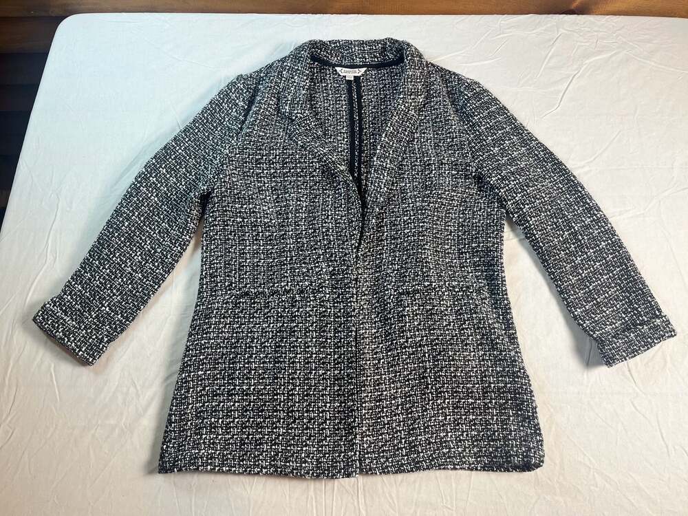 Nanette Lepore Women's Black and White Tweed Boucle Open Front Blazer Jacket M